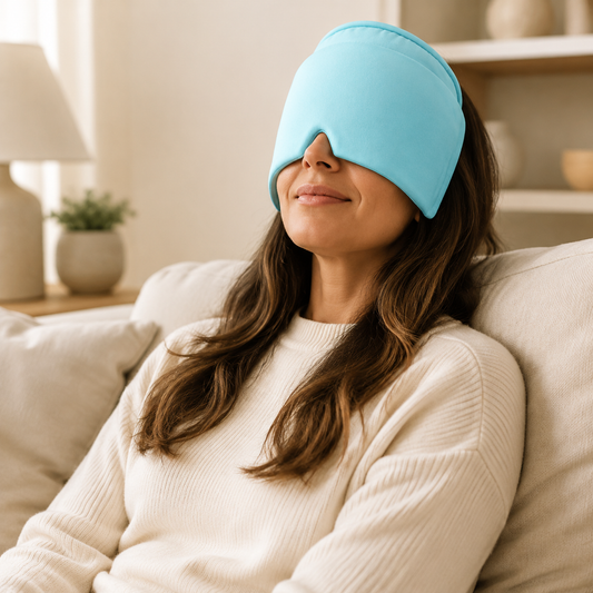Mujer descansando en un sofá con el antifaz térmico azul Cooling Eye Mask sobre los ojos
